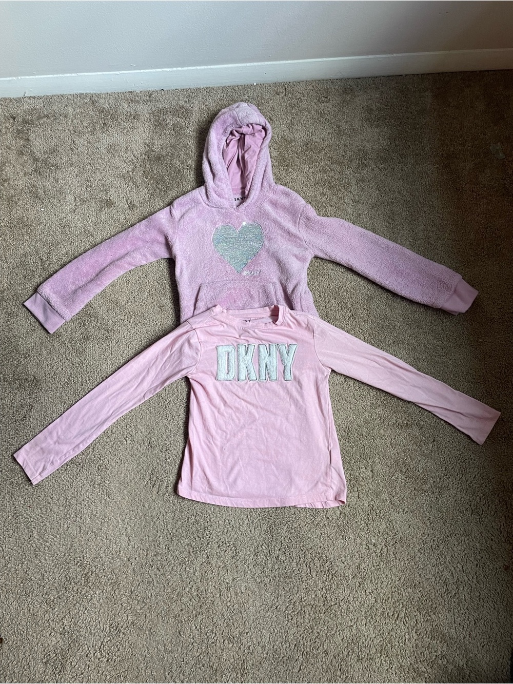 DKNY Girls' Light Pink Hoodie with Silver Heart & Pink Long-Sleeve Logo Tee